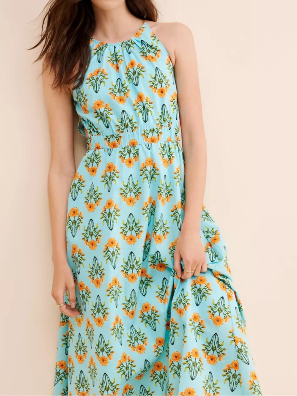 Moon River Light Blue Floral Halter Midi Dress with Orange Print